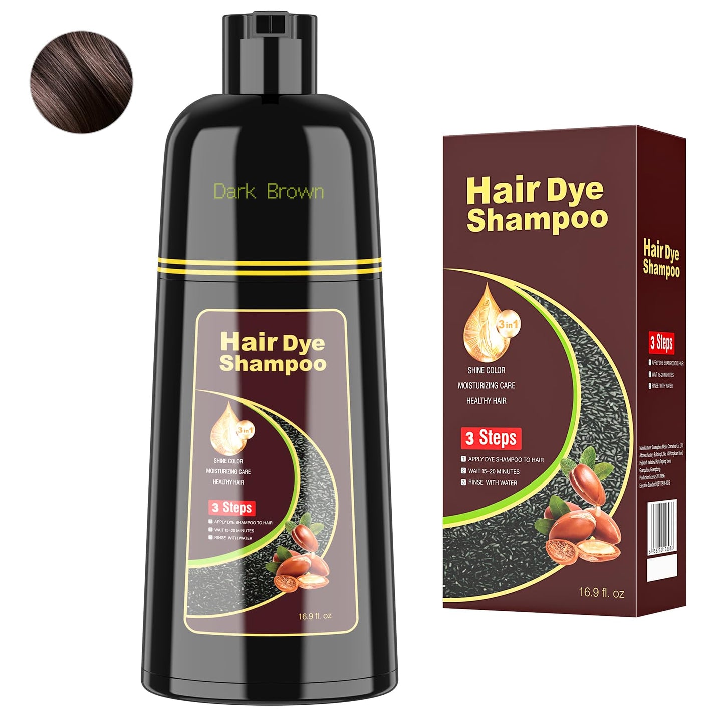 Black Hair Dye Shampoo for Woman & Man, Argan Hair Color Shampoo 3 in 1, Semi-Permanent Gray Hair Coverage, Mild Formula, Lasts 30 Days(16.90 oz)