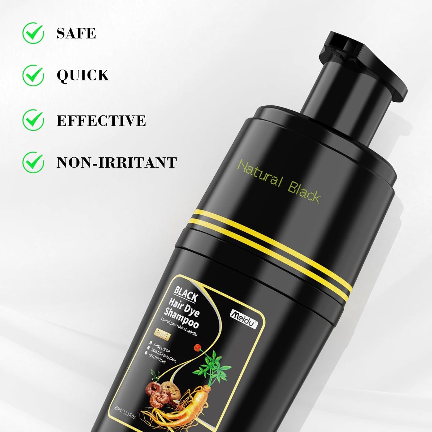 Black Hair Dye Shampoo 3 in 1, Hair Color Shampoo for Cover Grey Hair, Natural Hair Dye Shampoo with Herbal Ingredient for Men and Women (MEIDU Black)