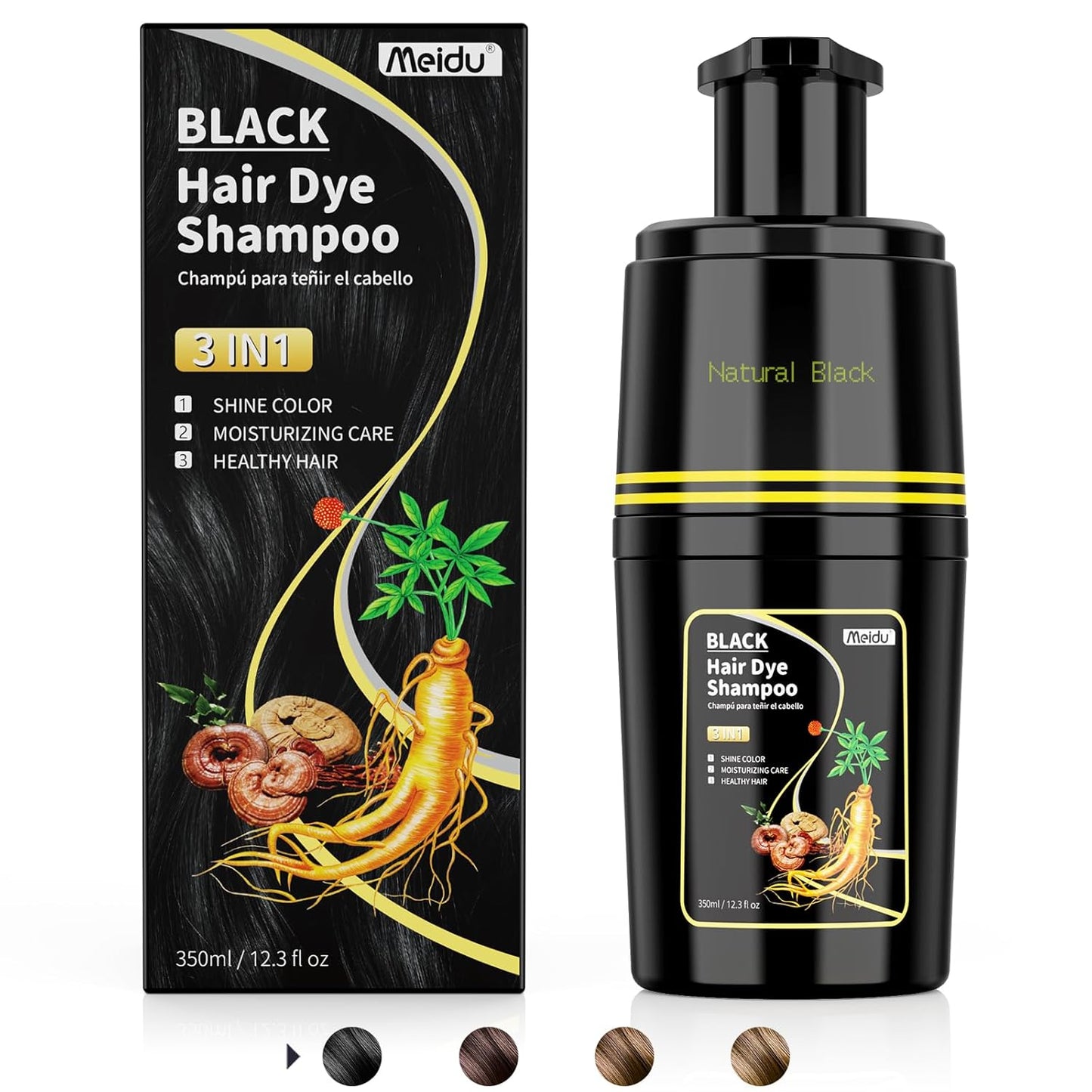 Black Hair Dye Shampoo 3 in 1, Hair Color Shampoo for Cover Grey Hair, Natural Hair Dye Shampoo with Herbal Ingredient for Men and Women (MEIDU Black)