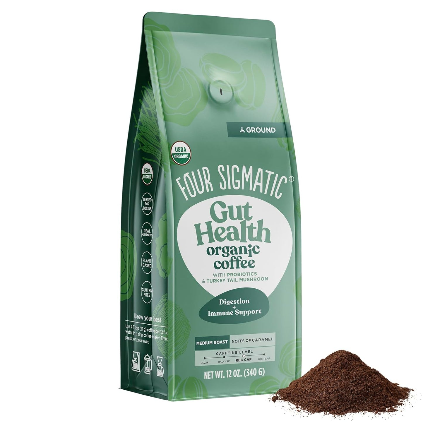 Four Sigmatic Happy Gut Organic Ground Coffee | Medium Roast, Immune Boosting Probiotic Mushroom Coffee with Chaga & Turkey Tail for Gut Health & Immune Support | 12oz Bag