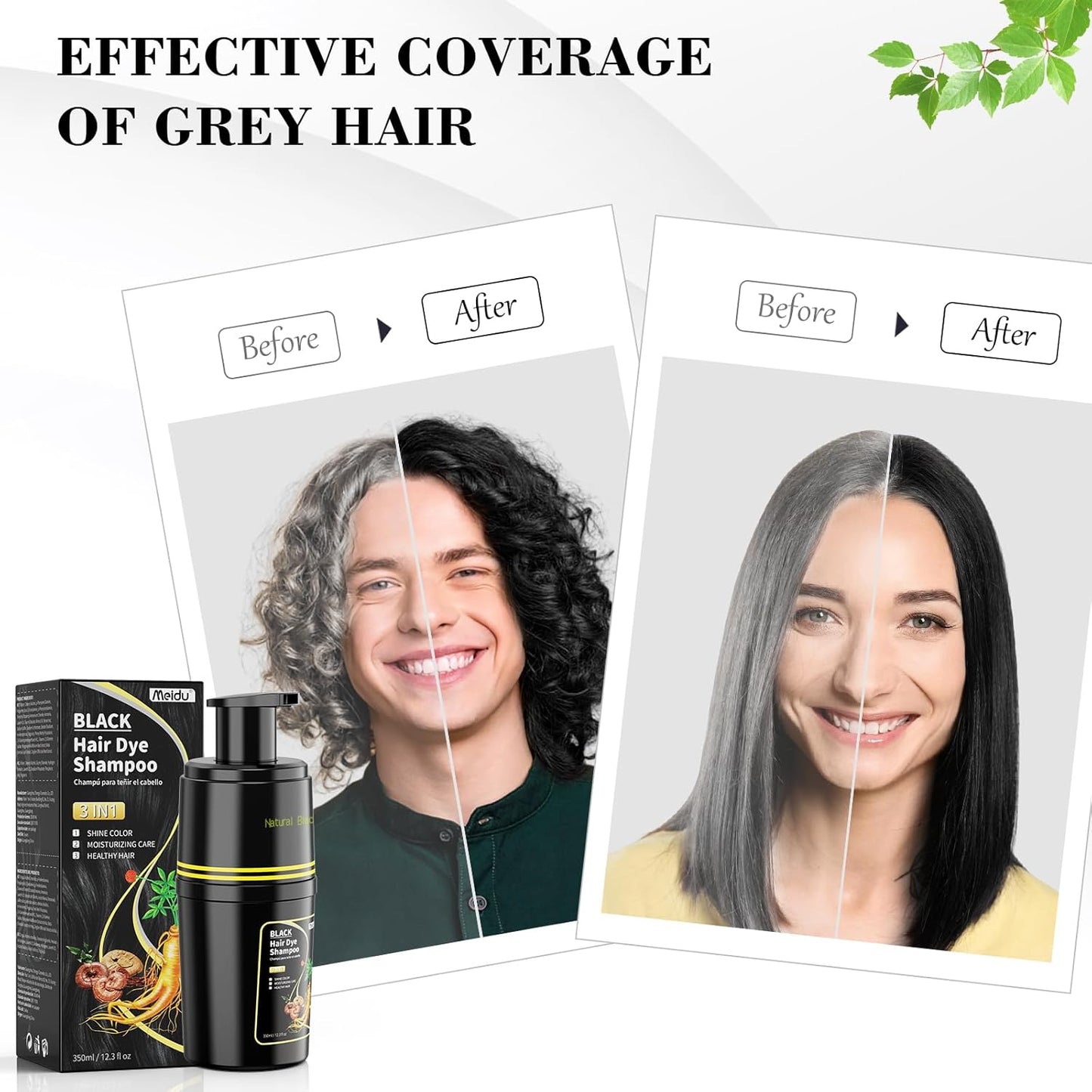 Black Hair Dye Shampoo 3 in 1, Hair Color Shampoo for Cover Grey Hair, Natural Hair Dye Shampoo with Herbal Ingredient for Men and Women (MEIDU Black)
