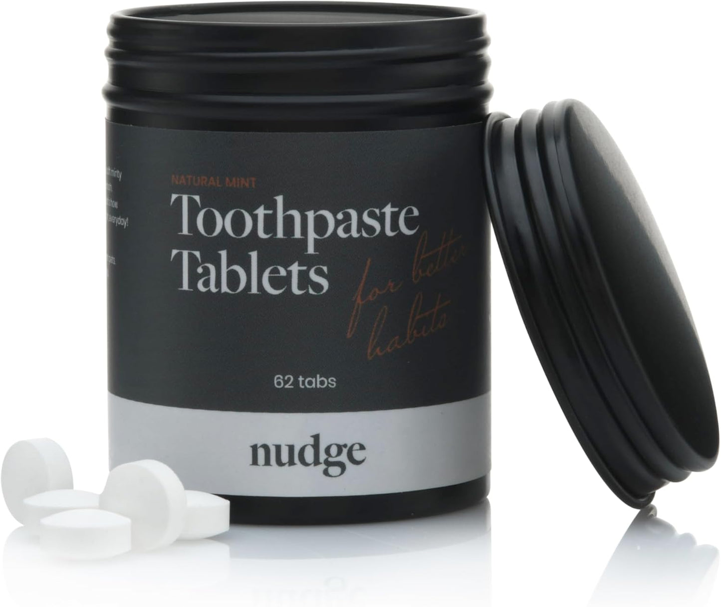 Nudge Toothpaste Tablets Made with Nano Hydroxyapatite, Fluoride-Free, SLS Free, All Natural Ingredients, Natural Whitening and Remineralizing, TSA-Approved, Mild Mint, 62 Tabs