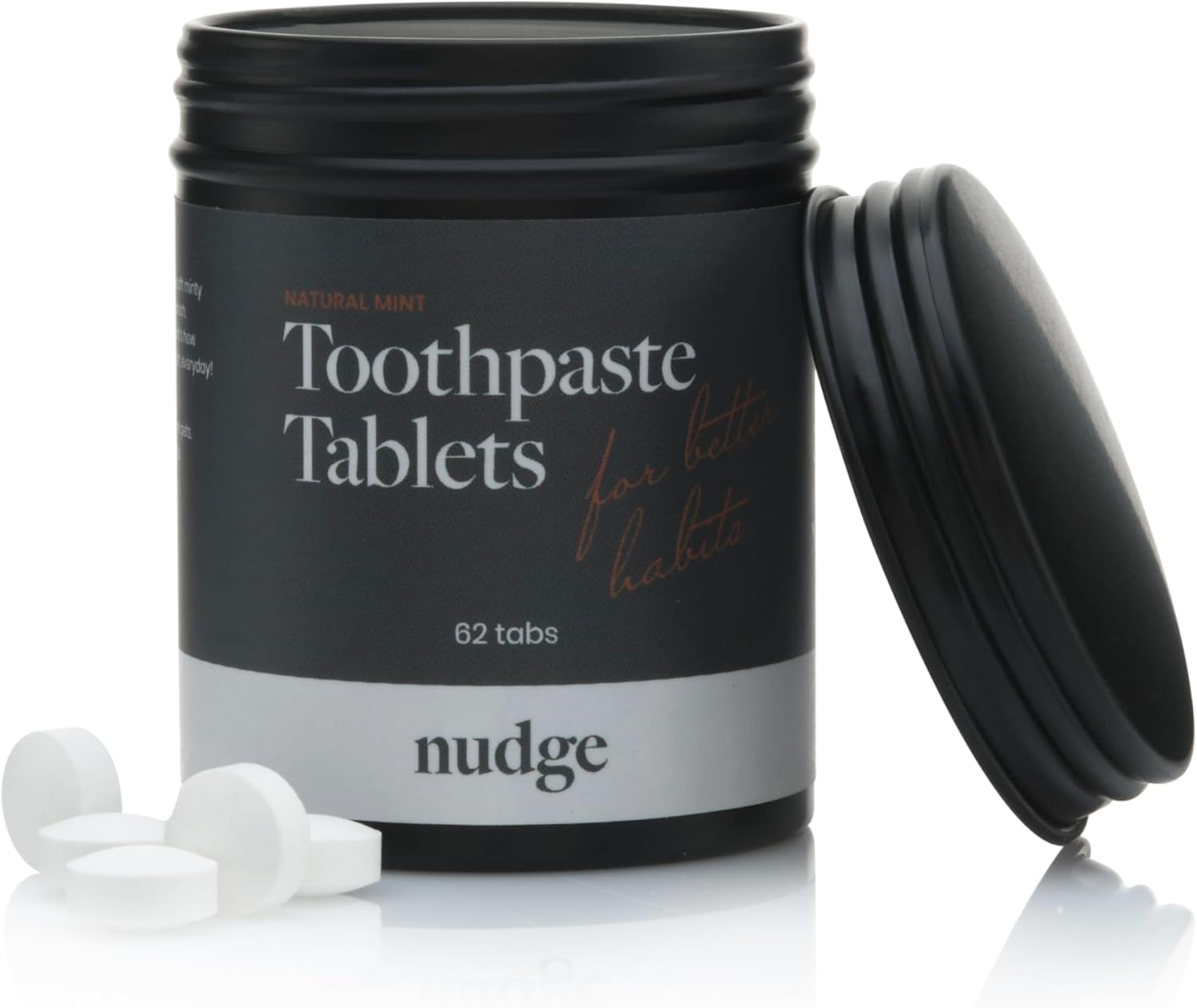 Nudge Toothpaste Tablets Made with Nano Hydroxyapatite, Fluoride-Free, SLS Free, All Natural Ingredients, Natural Whitening and Remineralizing, TSA-Approved, Mild Mint, 62 Tabs