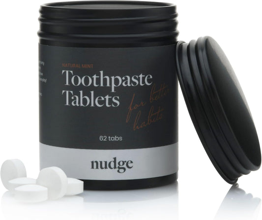 Nudge Toothpaste Tablets Made with Nano Hydroxyapatite, Fluoride-Free, SLS Free, All Natural Ingredients, Natural Whitening and Remineralizing, TSA-Approved, Mild Mint, 62 Tabs