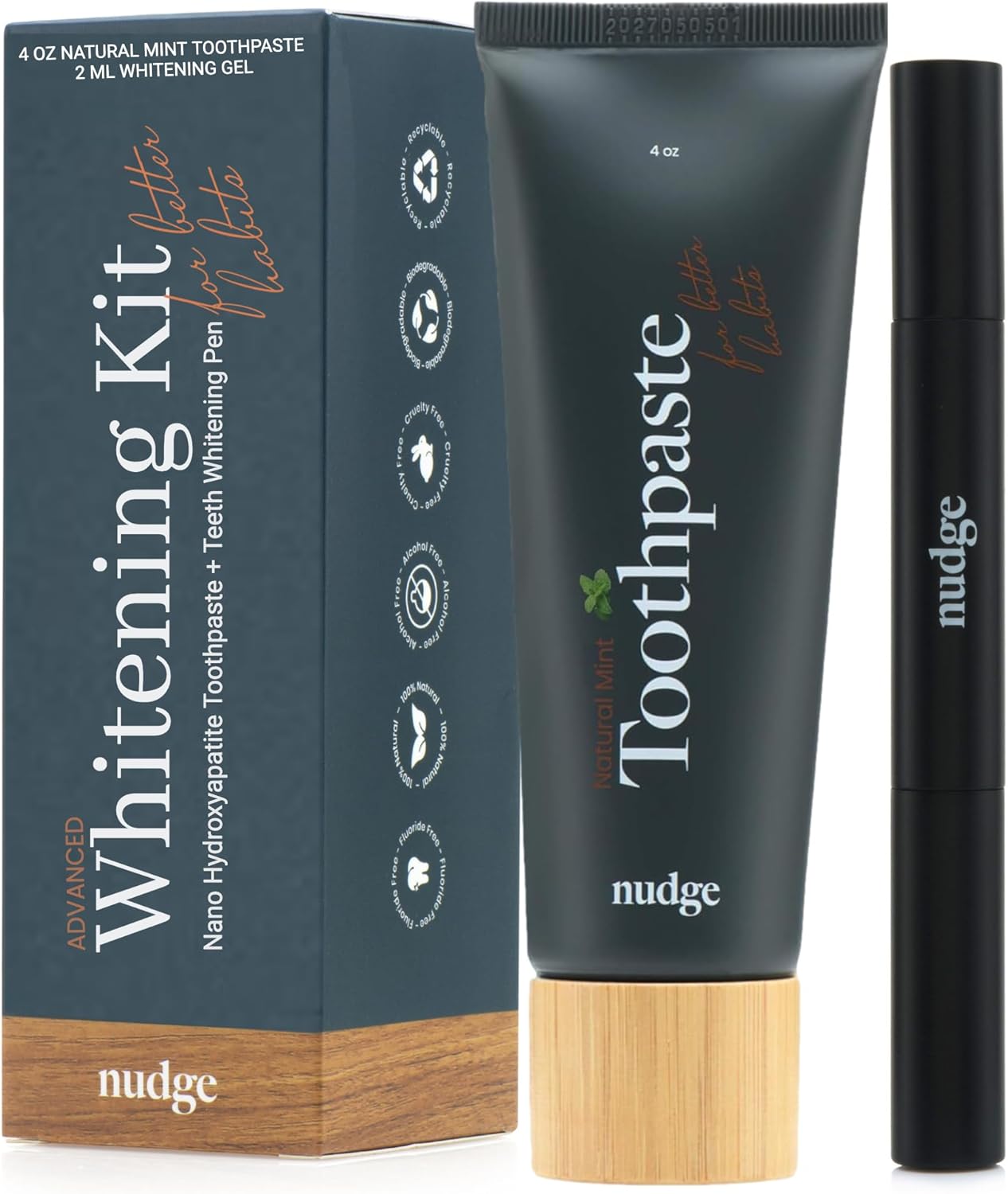 Nudge Whitening Kit – Nano Hydroxyapatite Toothpaste, (4 oz, Mint) & Teeth Whitening Gel Pen, (2ml) Fluoride Free, Enamel Safe, Sensitivity Friendly, Plaque Control, Brighten & Strengthen Teeth