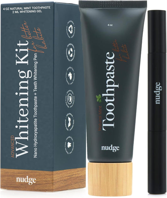 Nudge Whitening Kit – Nano Hydroxyapatite Toothpaste, (4 oz, Mint) & Teeth Whitening Gel Pen, (2ml) Fluoride Free, Enamel Safe, Sensitivity Friendly, Plaque Control, Brighten & Strengthen Teeth