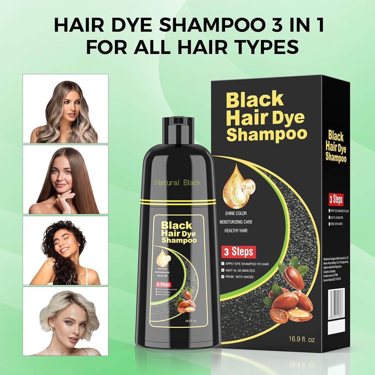 Black Hair Dye Shampoo for Woman & Man, Argan Hair Color Shampoo 3 in 1, Semi-Permanent Gray Hair Coverage, Mild Formula, Lasts 30 Days(16.90 oz)
