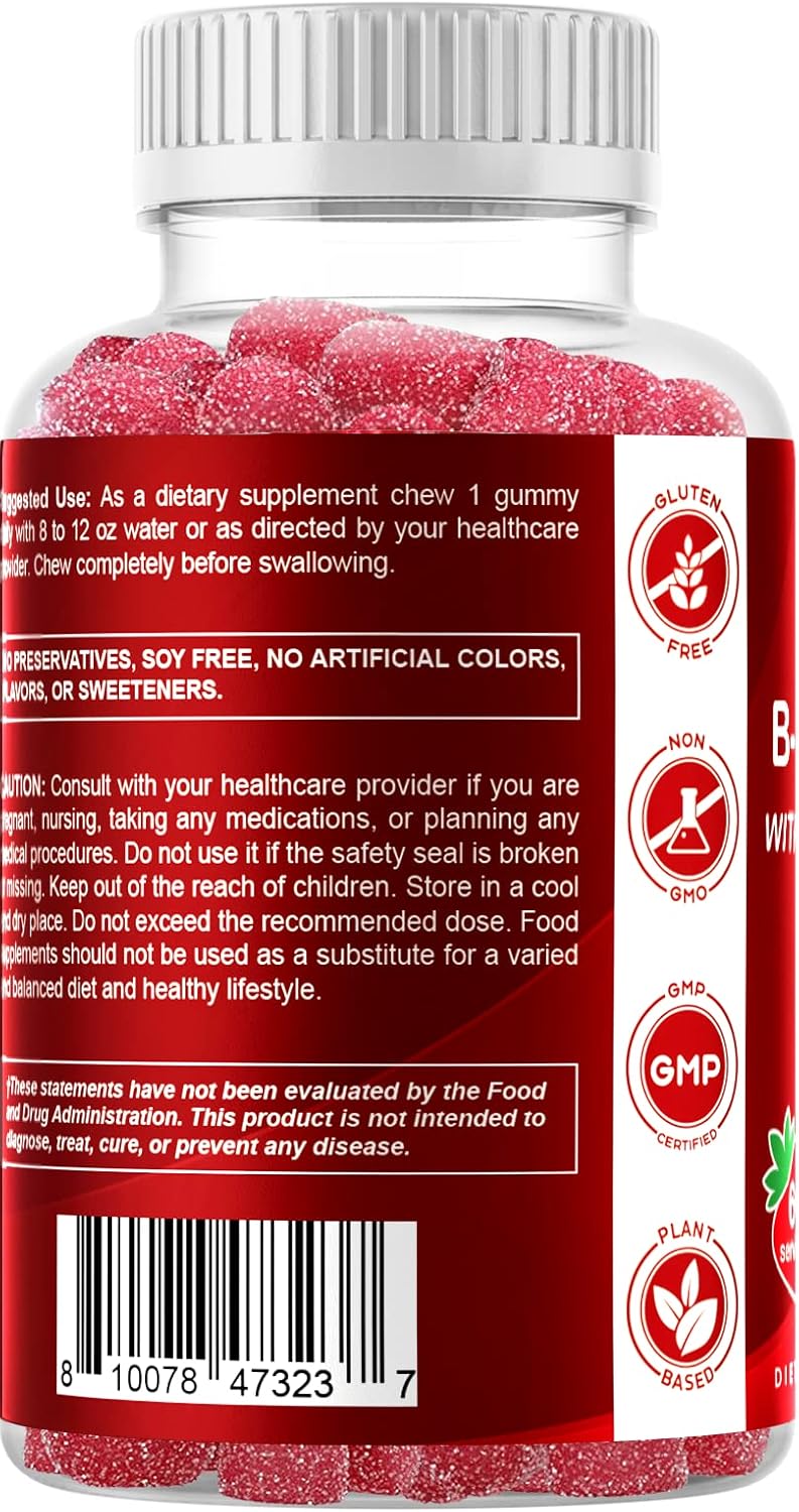 Vitamatic Vitamin B Complex Gummies with Vitamin C & Inositol - Natural Strawberry Flavor - 60 Gummies (1 Bottle)