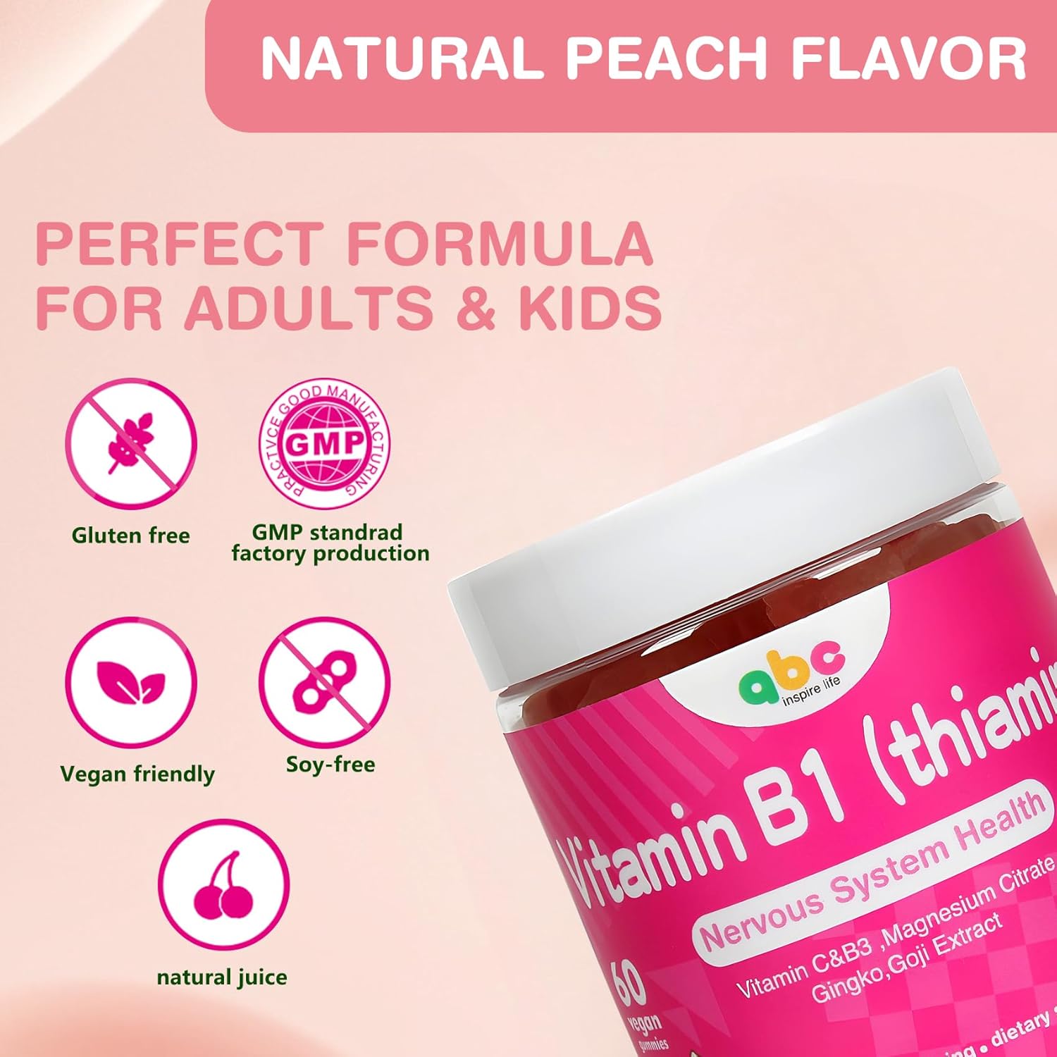 Vitamin B1 Gummies Chewable Thiamine 500mg & Vitamin B3 & Vitamin C,Sugar Free - Non GMO,Vegan,Natural Peach Flavor - Thiamine B1 Supplement for Adults & Kids