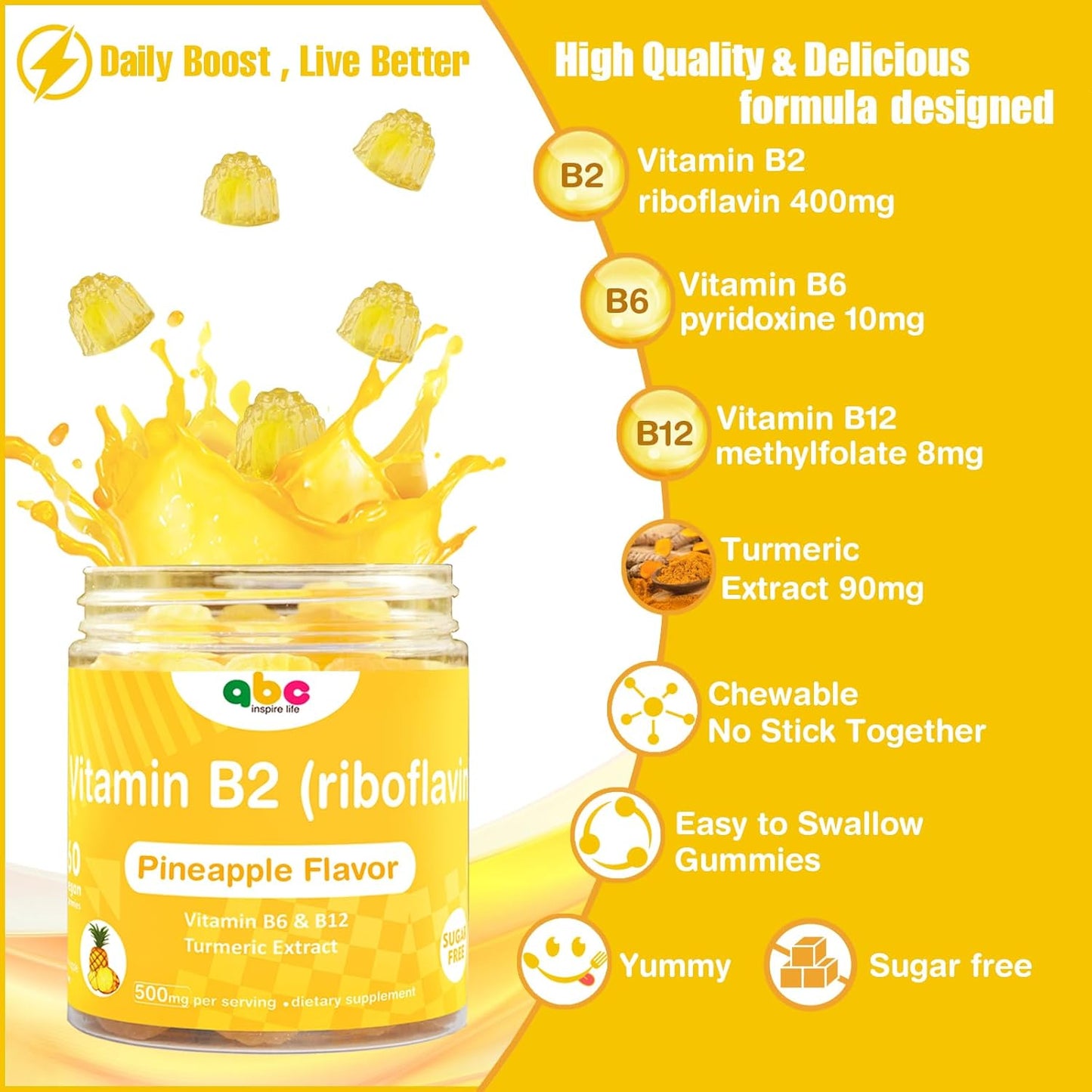 Vitamin B2 Gummies (riboflavin 400mg)-b2 Vitamins-b2 Vitamin 400mg for Adults and Kids,Sugar Free,Vegan Chewable Gummies