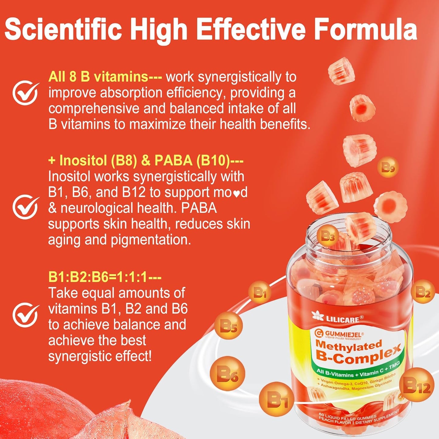 Super Vitamin B Complex Gummies for Women & Men, Methylated w/Omega 3, Magnesium, CoQ10, Ashwagandha,Vitamin C, TMG -All B Vitamins- B1,B2,B3,B5,B6,B7,B9 Methylfolate, B12, Inositol,PABA, Sugar Free