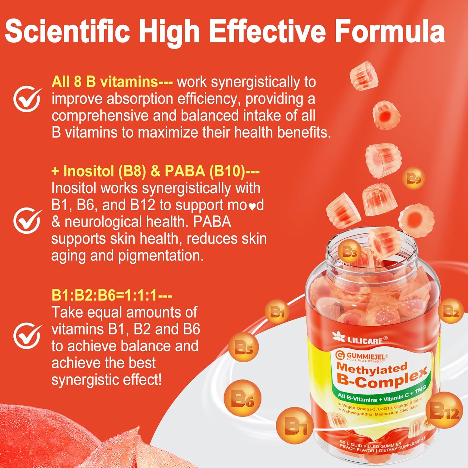 Super Vitamin B Complex Gummies for Women & Men, Methylated w/Omega 3, Magnesium, CoQ10, Ashwagandha,Vitamin C, TMG -All B Vitamins- B1,B2,B3,B5,B6,B7,B9 Methylfolate, B12, Inositol,PABA, Sugar Free