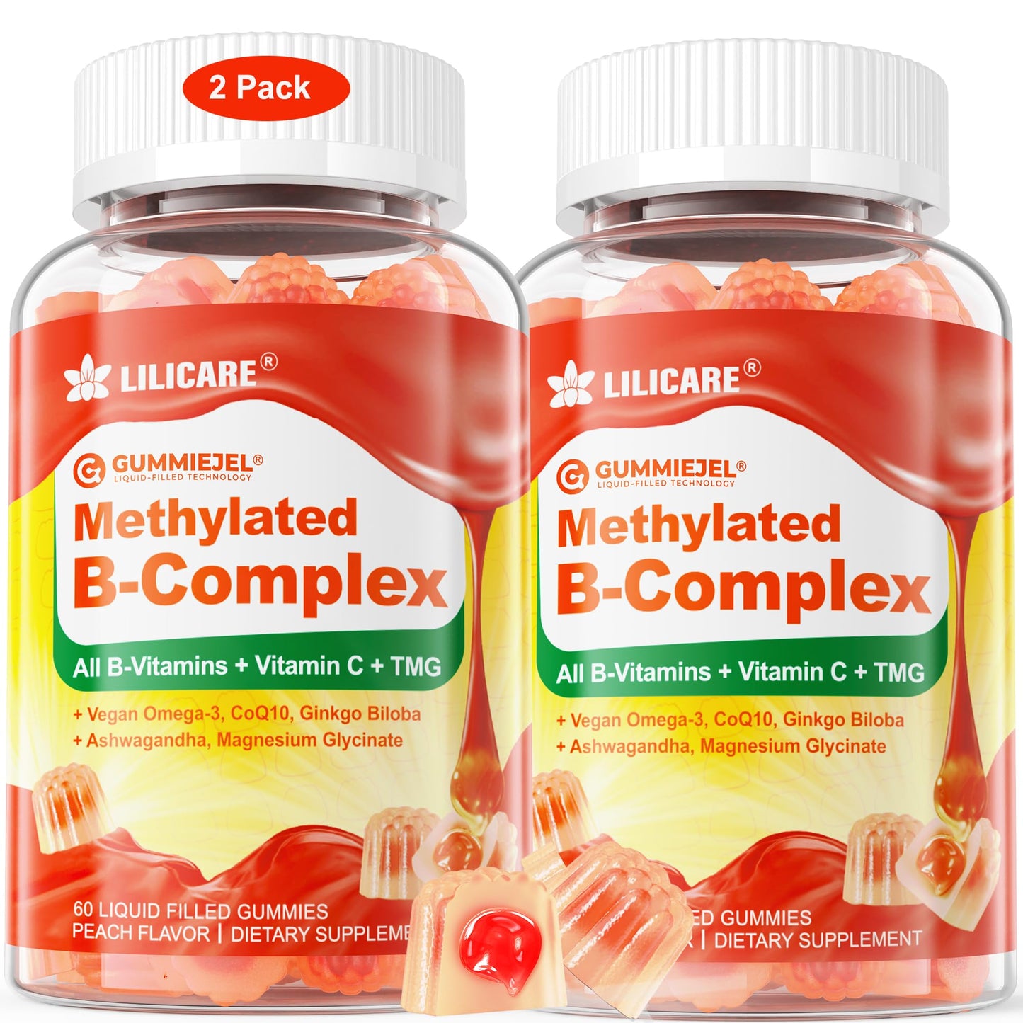 Super Vitamin B Complex Gummies for Women & Men, Methylated w/Omega 3, Magnesium, CoQ10, Ashwagandha,Vitamin C, TMG -All B Vitamins- B1,B2,B3,B5,B6,B7,B9 Methylfolate, B12, Inositol,PABA, Sugar Free