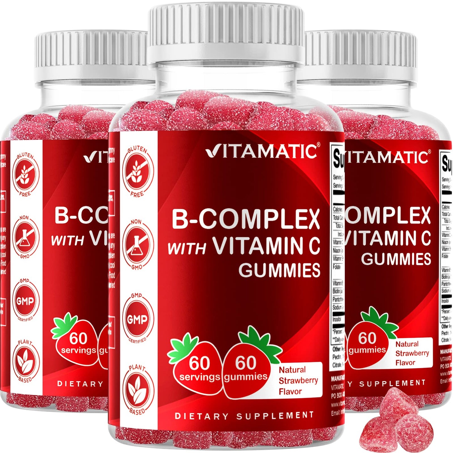 Vitamatic Vitamin B Complex Gummies with Vitamin C & Inositol - Natural Strawberry Flavor - 60 Gummies (1 Bottle)