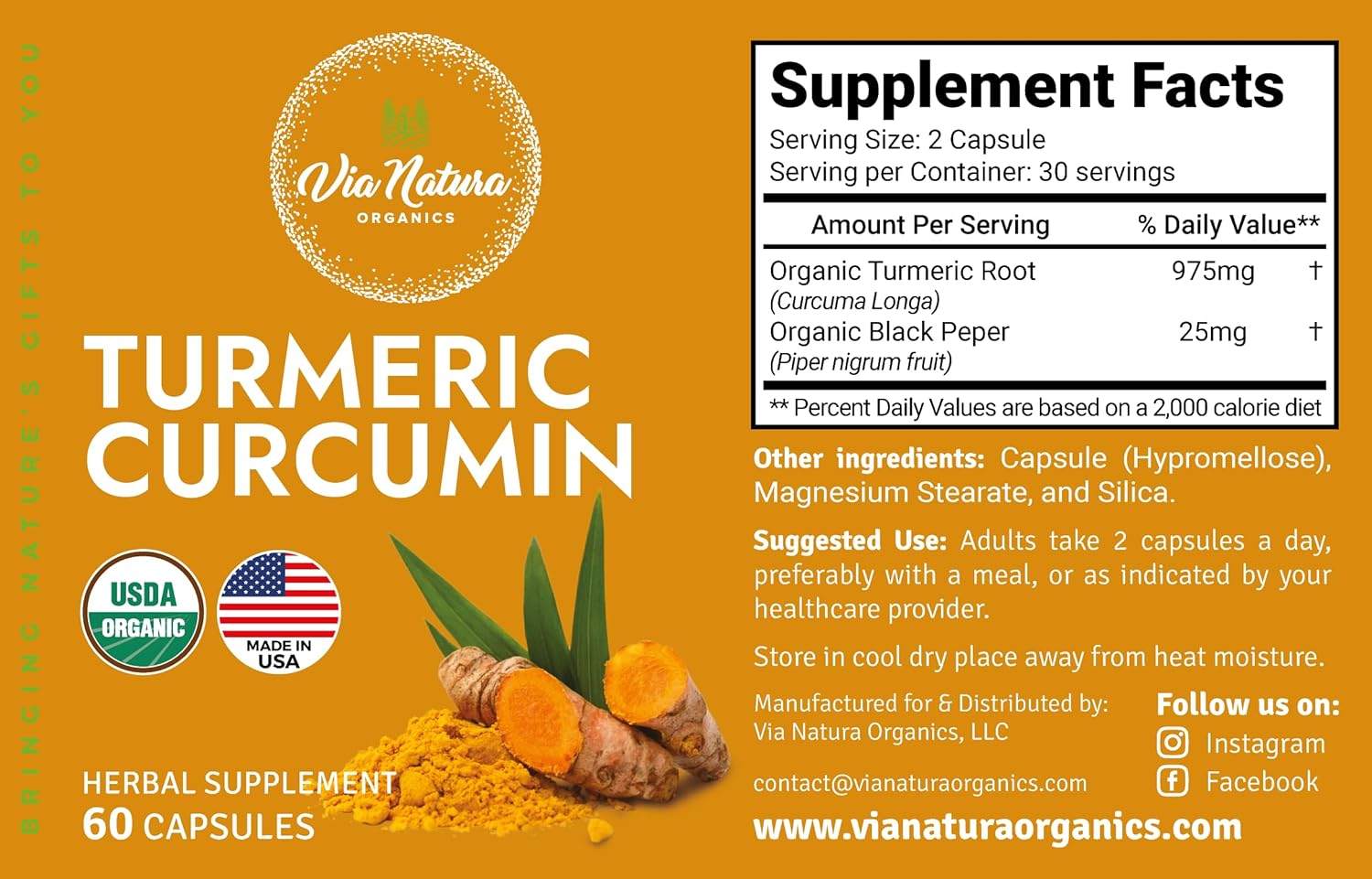 Turmeric Curcumin 1000mg | Organic Herbal Supplement | Natural Antioxidant | 60 Capsules
