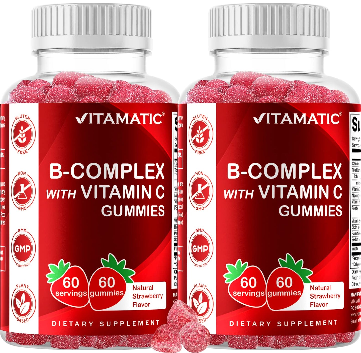 Vitamatic Vitamin B Complex Gummies with Vitamin C & Inositol - Natural Strawberry Flavor - 60 Gummies (1 Bottle)